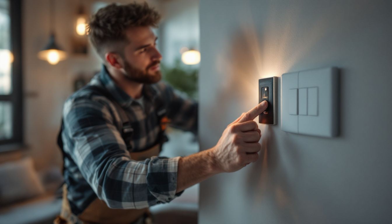 A photograph of a skilled lighting contractor installing a stylish light switch outlet in a modern home setting