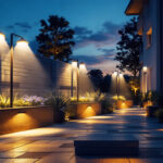 A photograph of a beautifully illuminated outdoor space showcasing various motion lighting installations