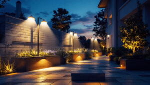 A photograph of a beautifully illuminated outdoor space showcasing various motion lighting installations