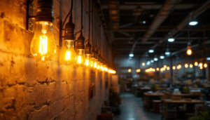A photograph of a well-lit industrial workspace showcasing various led bulb installations