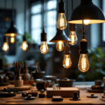 A photograph of a well-lit workspace featuring a variety of pendant light components