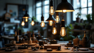 A photograph of a well-lit workspace featuring a variety of pendant light components