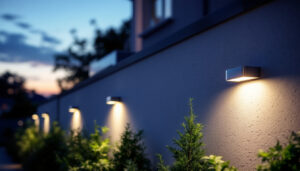 A photograph of a beautifully illuminated exterior wall showcasing solar-powered wall lights in a residential or commercial setting