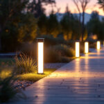 A photograph of a well-lit outdoor pathway featuring solar bollard lights in an aesthetically pleasing landscape