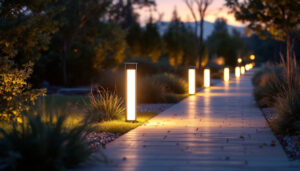 A photograph of a well-lit outdoor pathway featuring solar bollard lights in an aesthetically pleasing landscape