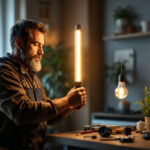 A photograph of a lighting contractor at work