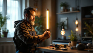 A photograph of a lighting contractor at work