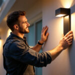 A photograph of a lighting contractor installing stylish wall solar lights on a residential exterior