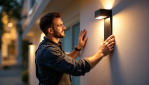A photograph of a lighting contractor installing stylish wall solar lights on a residential exterior