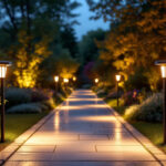 A photograph of a beautifully landscaped outdoor pathway illuminated by sleek modern solar path lights