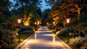 A photograph of a beautifully landscaped outdoor pathway illuminated by sleek modern solar path lights