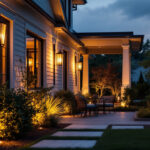 A photograph of a beautifully illuminated outdoor space featuring stylish lamps that enhance the architectural features of a house