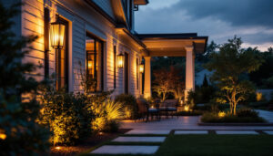 A photograph of a beautifully illuminated outdoor space featuring stylish lamps that enhance the architectural features of a house