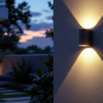 A photograph of a beautifully illuminated outdoor space featuring a stylish led wall light