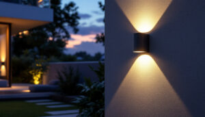 A photograph of a beautifully illuminated outdoor space featuring a stylish led wall light