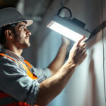 A photograph of a lighting contractor working with the vale engineered lighting veln-8ft-80w fixture in a well-lit environment