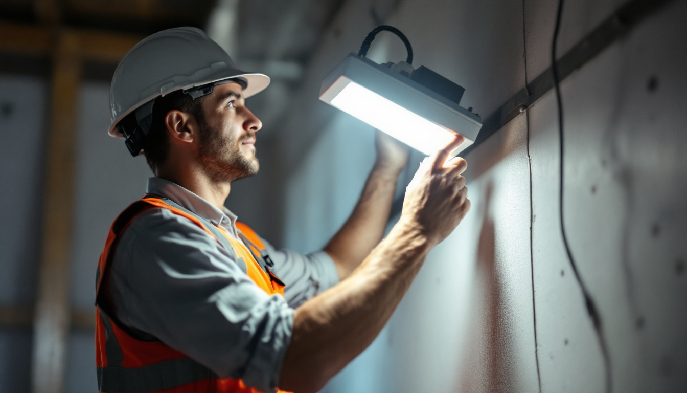 A photograph of a lighting contractor working with the vale engineered lighting veln-8ft-80w fixture in a well-lit environment
