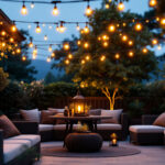 A photograph of a beautifully lit outdoor patio featuring string lights elegantly draped overhead
