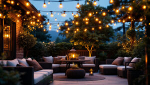 A photograph of a beautifully lit outdoor patio featuring string lights elegantly draped overhead