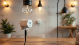A photograph of a beautifully designed interior space showcasing various electric receptacles integrated into stylish lighting fixtures