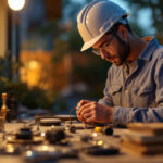 A photograph of a skilled contractor carefully wiring waterproof connectors in a well-lit outdoor setting