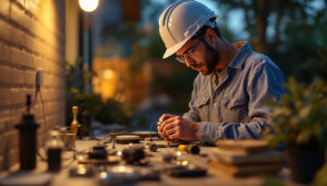 A photograph of a skilled contractor carefully wiring waterproof connectors in a well-lit outdoor setting