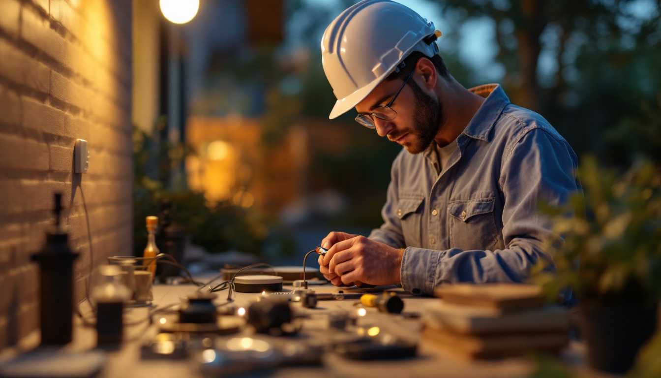 A photograph of a skilled contractor carefully wiring waterproof connectors in a well-lit outdoor setting