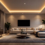 A photograph of capture a photograph of a beautifully designed room featuring various recessed light trims in action