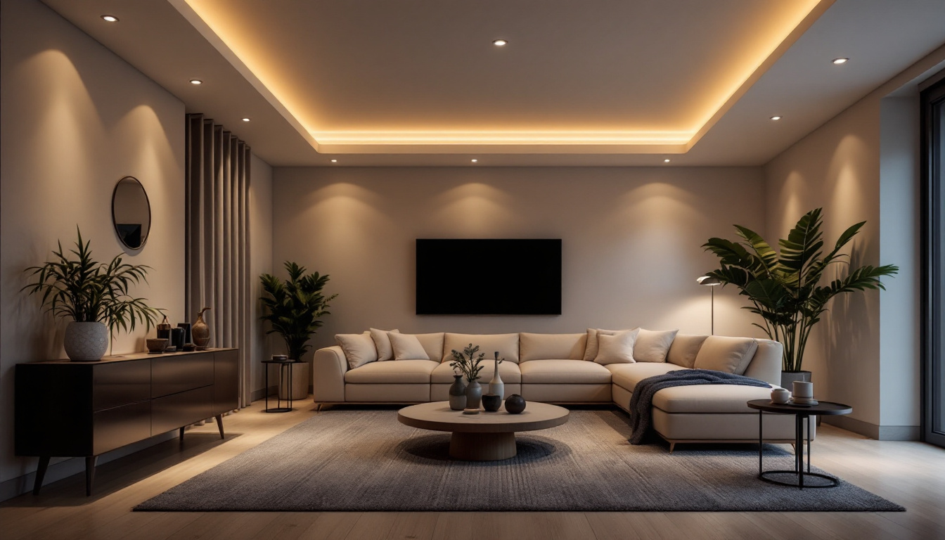 A photograph of capture a photograph of a beautifully designed room featuring various recessed light trims in action