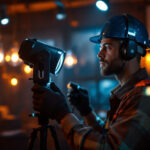 A photograph of a skilled lighting contractor expertly installing or adjusting hi-hat lights in a stylish interior setting