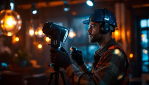A photograph of a skilled lighting contractor expertly installing or adjusting hi-hat lights in a stylish interior setting