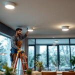A photograph of a well-lit interior space showcasing recessed canned lighting in action