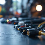 A photograph of a close-up shot of various wire waterproof connectors arranged neatly on a workbench