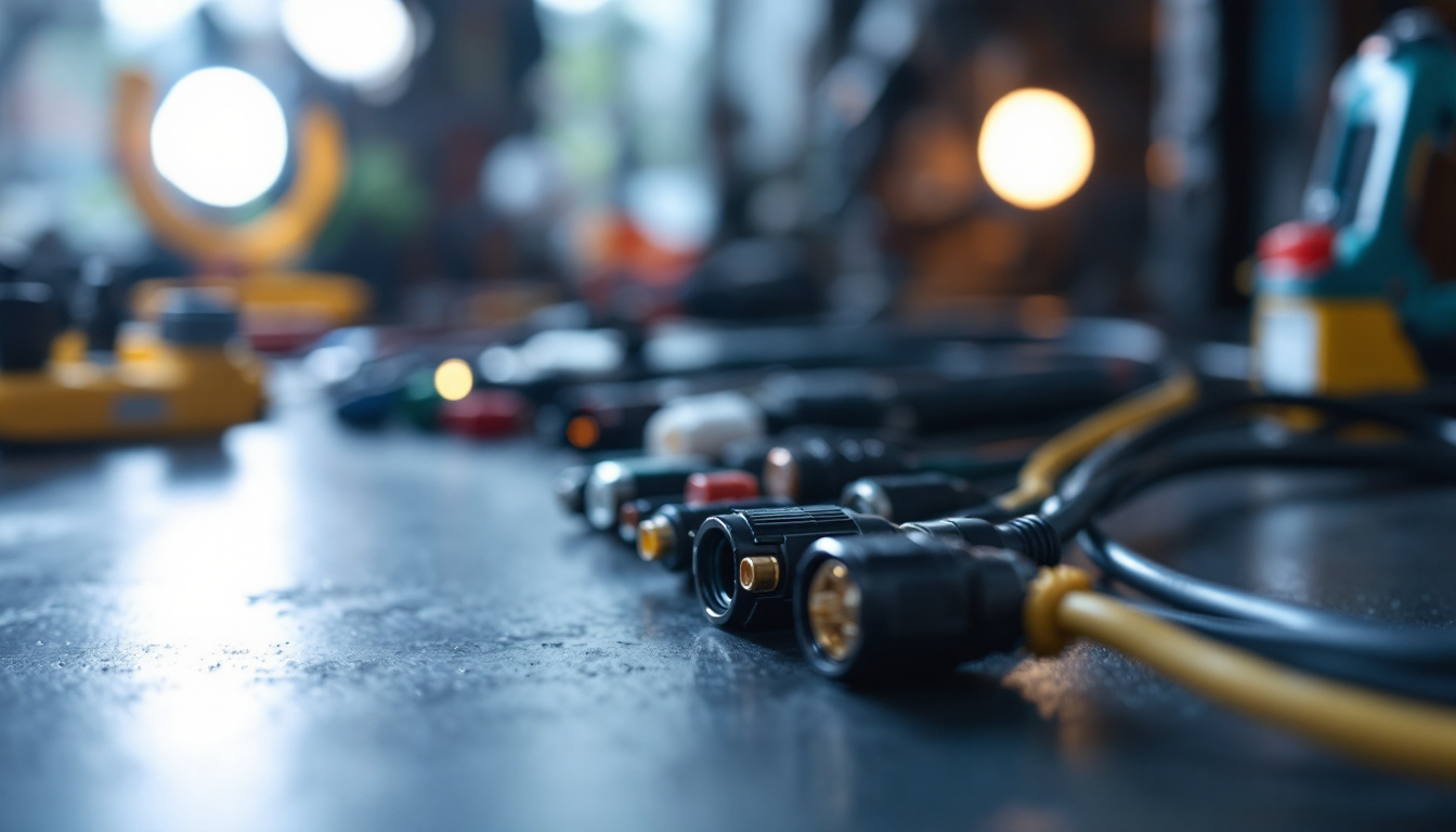 A photograph of a close-up shot of various wire waterproof connectors arranged neatly on a workbench