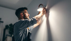 A photograph of a lighting contractor skillfully replacing a canned light fixture in a modern home setting