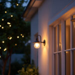 A photograph of a beautifully illuminated outdoor space featuring gooseneck lighting fixtures