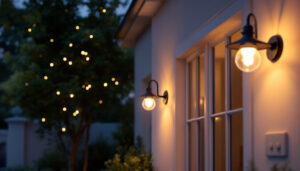 A photograph of a beautifully illuminated outdoor space featuring gooseneck lighting fixtures