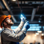 A photograph of a lighting contractor expertly installing led lights in a modern commercial space