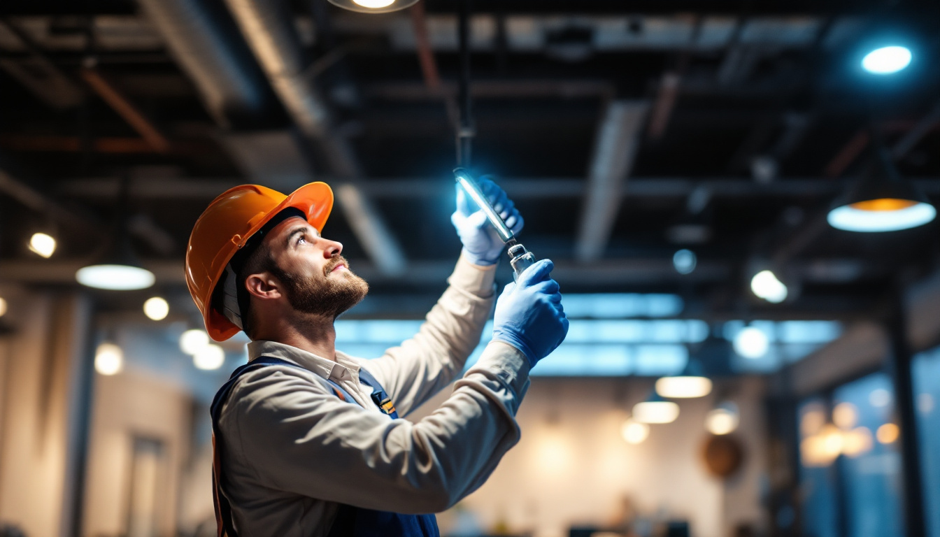 A photograph of a lighting contractor expertly installing led lights in a modern commercial space