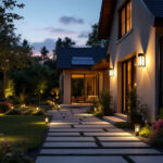 A photograph of a beautifully illuminated outdoor space featuring various styles of solar lights installed around a house