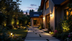A photograph of a beautifully illuminated outdoor space featuring various styles of solar lights installed around a house