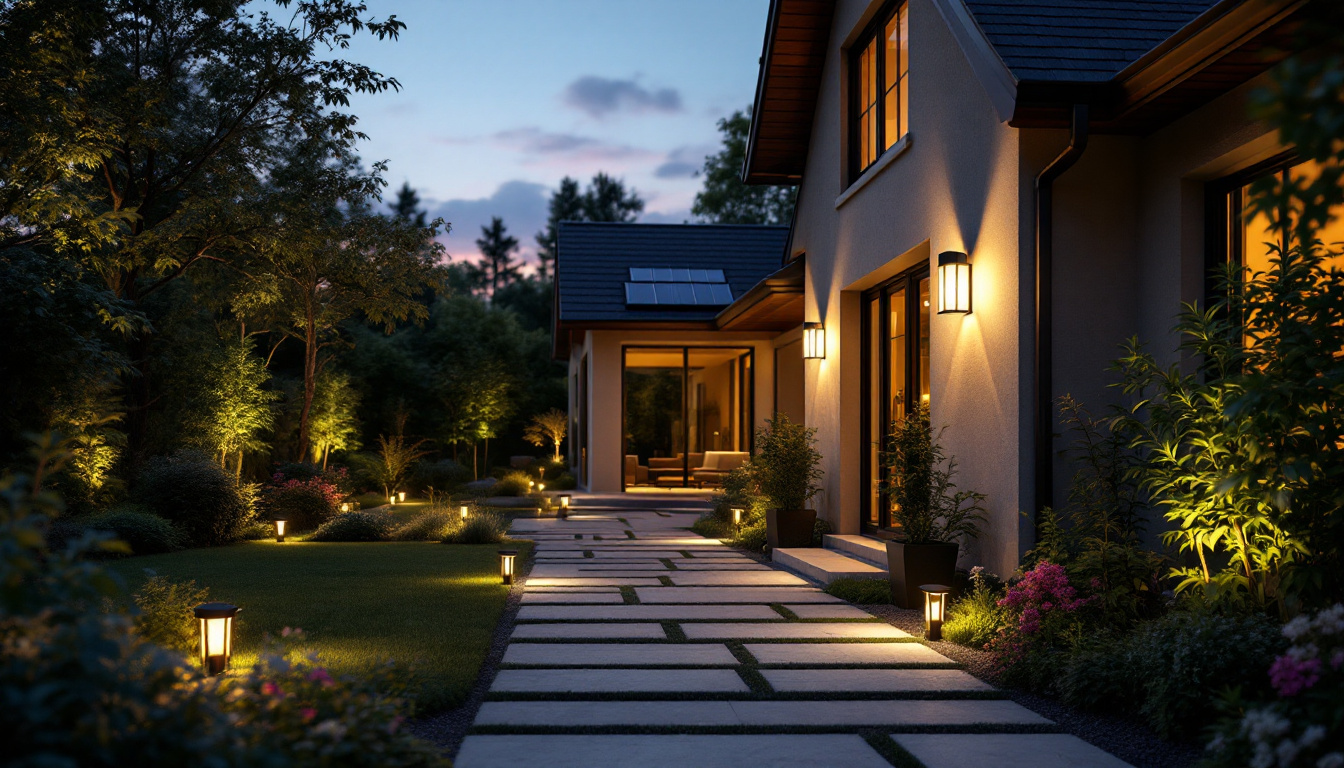 A photograph of a beautifully illuminated outdoor space featuring various styles of solar lights installed around a house