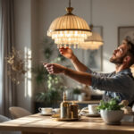 A photograph of a skilled lighting contractor expertly installing or adjusting an elegant light fixture in a beautifully designed room