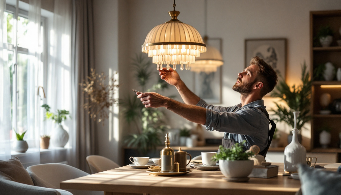 A photograph of a skilled lighting contractor expertly installing or adjusting an elegant light fixture in a beautifully designed room