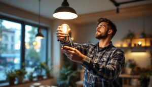 A photograph of a lighting contractor expertly replacing a traditional can light with an energy-efficient led bulb