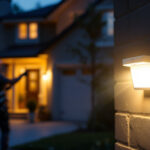 A photograph of a well-lit outdoor scene showcasing a dusk to dawn security light illuminating a residential or commercial property