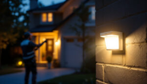 A photograph of a well-lit outdoor scene showcasing a dusk to dawn security light illuminating a residential or commercial property