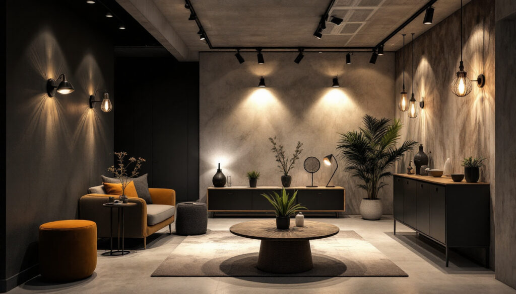 A photograph of a well-lit basement showcasing a variety of stylish light fixtures