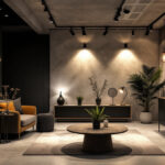 A photograph of a well-lit basement showcasing a variety of stylish light fixtures