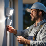 A photograph of a lighting contractor installing or adjusting a motion light sensor in a residential or commercial setting